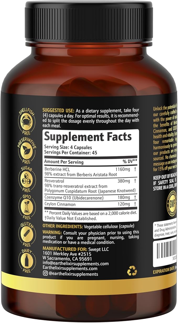 Earth Elixir 4-in-1 Berberine Supplement – Organic Berberine with Ceylon Cinnamon, CoQ10 Ubiquinol, and Resveratrol Powder – Metabolic & Cellular Energy Support, 180 Vegan Capsules