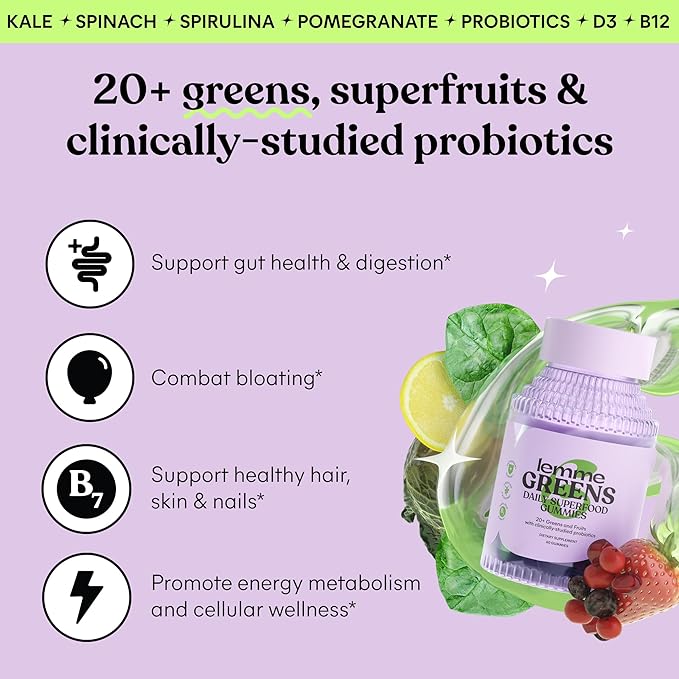 Lemme Greens Superfood Gummies w/Multi - Support Gut Health & Reduce Bloating, 20+ Organic Greens and Superfruits, Clinically Studied Probiotics, D3, B12 - Berries & Greens Flavored (60 Count)