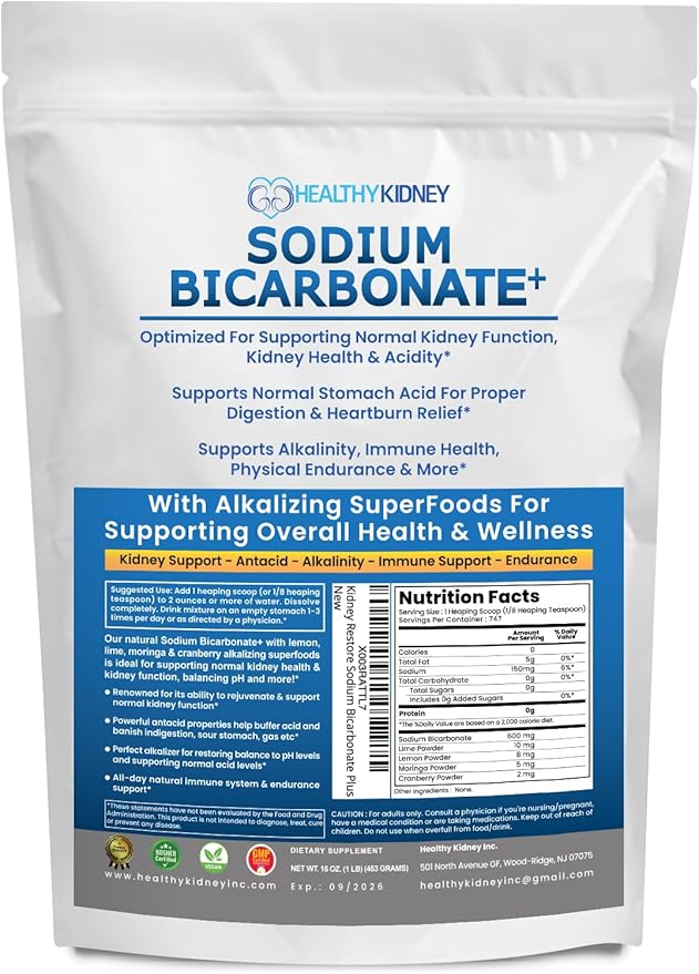 Organic Sodium Bicarbonate Alkaline Supplement Bundle: 1LB Powder for Alkalinity, Kidney & Acid Support + PhosFix 120 Pills Phosphorus Binder for Healthy Phosphorus Levels & Kidney Health Renal Suppor