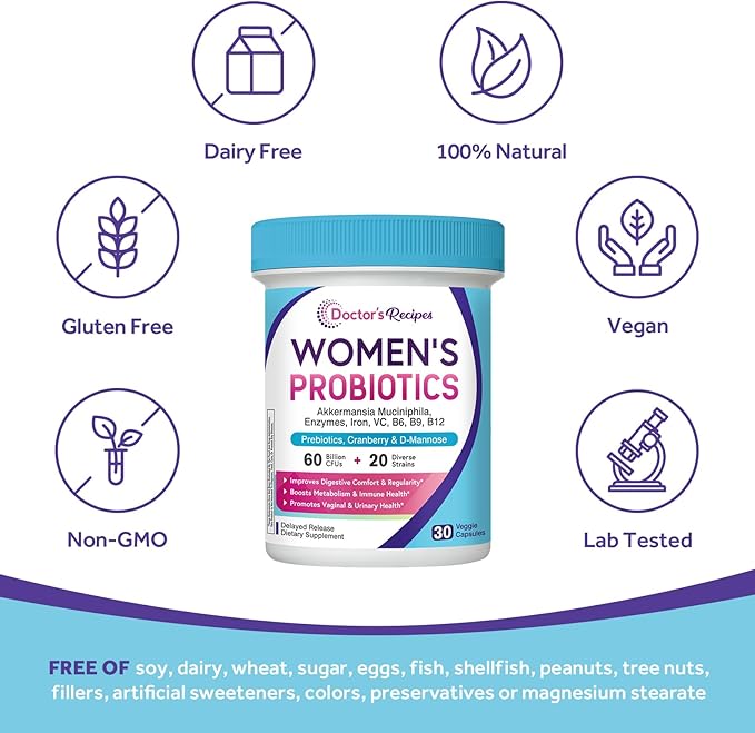 Doctor's Recipes Probiotics for Women, Akkermansia Muciniphila, Prebiotics, Cranberry, D-Mannose, Iron, Folate, VC, B6, B12, 60 Billion CFU, Vaginal, Digestive, Immune Health, 30 Vegan Capsules