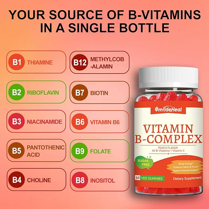 Vitamin B Complex Gummies for Women & Men - Vitamin B12, B1, B2, B3, B5, B6, B7 & B9 - B Complex with Vitamin C & Choline - Energy & Immune Support* - Vegan, Sugar Free, Peach Flavor - 120 Gummies