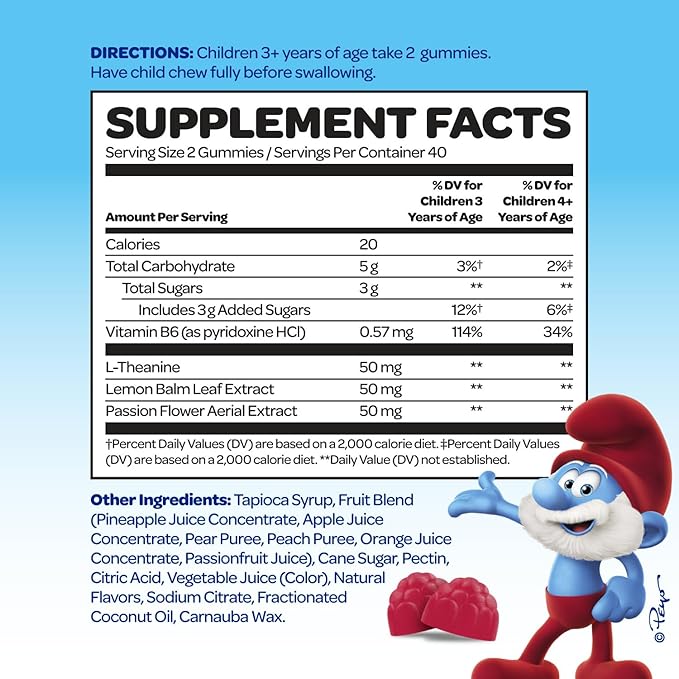 Smurfs Kids Calm Gummies | Calming Gummies for Kids with Lemon Balm & L Theanine | Made with Real Fruit | Doctor Developed | Gelatin Free Non-GMO No Artificial Flavors or Colors | 40 Servings
