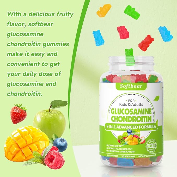 softbear Glucosamine Chondroitin Gummies with MSM Triple Strength, Organic Chewable Glucosamine Chondroitin Supplement for Joint Support Vegan Mixed Fruit Flavor 120 Gummies