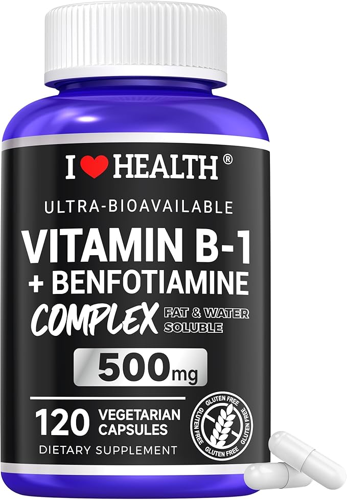 Vitamin B1 500mg with Benfotiamine 20mg, 120 Capsules – 2 in 1 B-1 Complex Enhanced Formula – Fat & Water Soluble Thiamine B1 Supplement – Third Party Lab Tested, Non-GMO, No Gluten