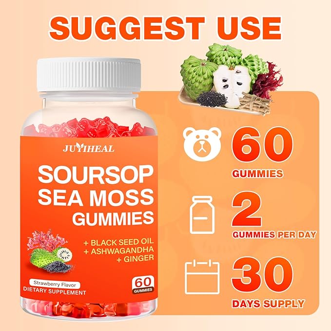 10-in-1 Soursop Graviola with Sea Moss Gummies, Soursop Leaves Extract with Vitamin C, Zinc for Immunity and Antioxidant, Gluten Free, Vegan 60 Gummies 2Pack