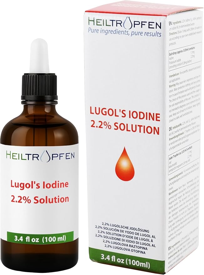 2.2% Lugol's Iodine Solution 3.4 Fl Oz | Pharmaceutical Grade Ingredients | Lugols Solution Made with Iodine and Potassium Iodide | Third-Party Tested | Heiltropfen®