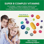Vitamin B Complex, with Vitamins B1, B2, B3, B5, B6, B12, folic Acid, Choline, zinc, Calcium, inositol, for Brain and Heart Health, Immune Health, and Cellular Energy Support, 60 Tablets