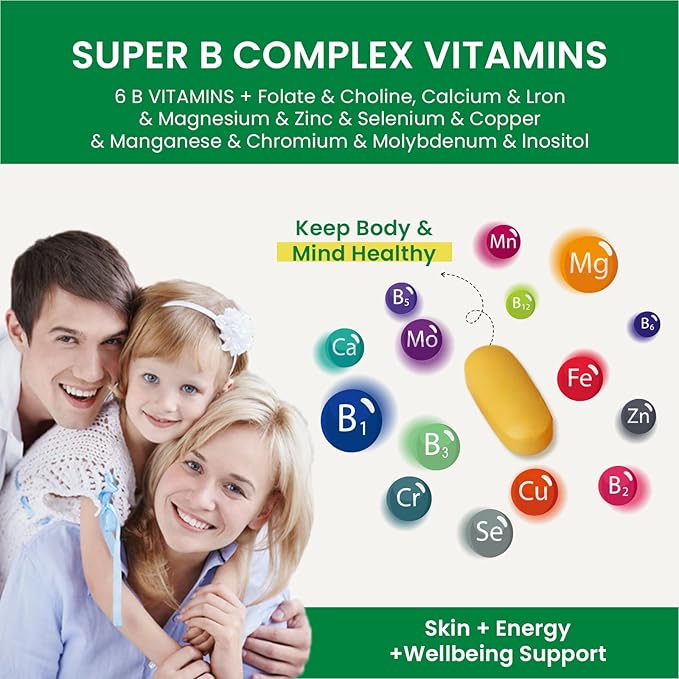 Vitamin B Complex, with Vitamins B1, B2, B3, B5, B6, B12, folic Acid, Choline, zinc, Calcium, inositol, for Brain and Heart Health, Immune Health, and Cellular Energy Support, 60 Tablets