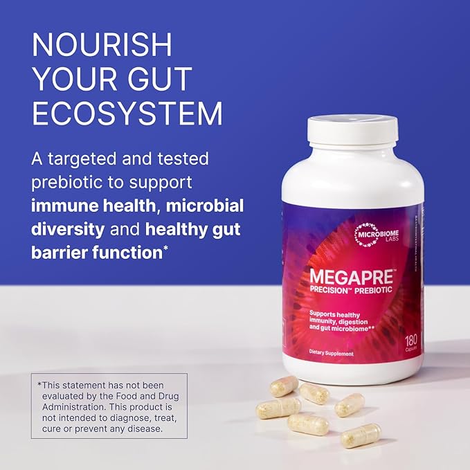 Microbiome Labs MegaPre Prebiotic Fiber Supplement in Vegetable Capsules - Prebiotic Supplement with Clinically Tested Oligosaccharides - Support Microbial Diversity & Gut Health (180 Capsules)