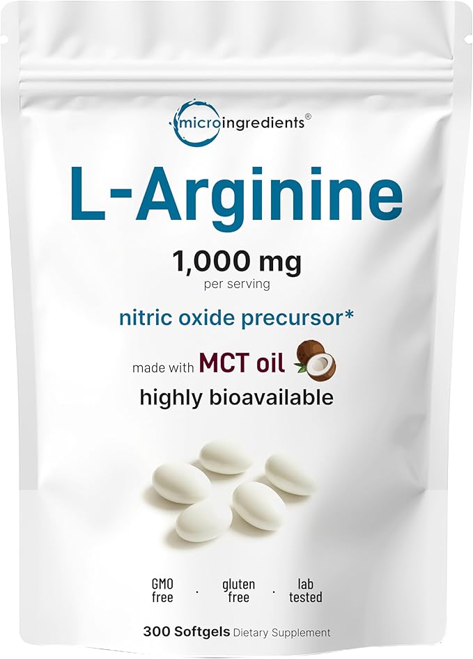 Micro Ingredients L-Arginine 1000mg with MCT Oil, 300 Softgels | Nitric Oxide Precursor* for Men & Women | Extra Strength Amino Acid Formula for Daily Wellness | Non-GMO, Gluten Free, No Soy