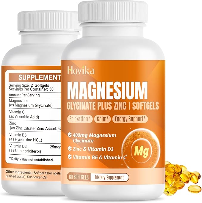 Magnesium Glycinate Supplement Softgels, Magnesium Glycinate 400mg with Zinc, Vitamin B6, C, D3, Pure Magnesium for Sleep, Calm, Muscle, Energy, Heart Support - 60 Vegan Capsules for Women & Men