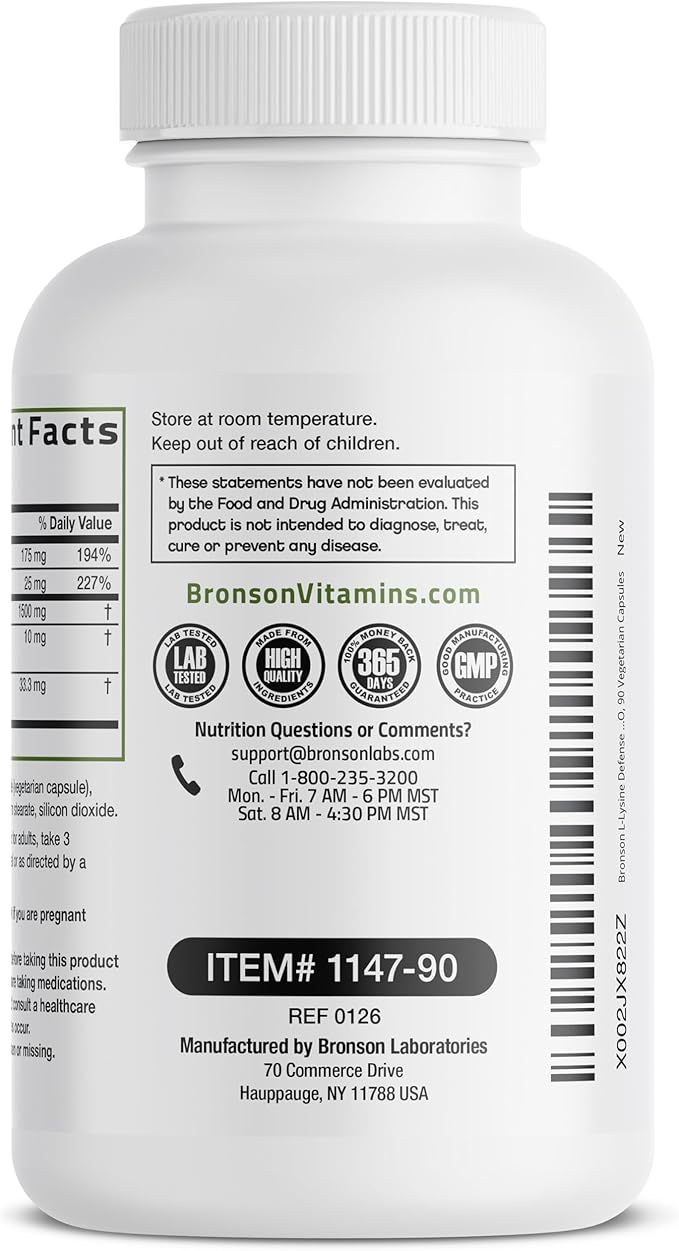 Bronson L-Lysine Defense Immune Support Complex 1500 MG L-Lysine Plus Olive Leaf, Garlic, Vitamin C and Zinc - Non-GMO, 90 Vegetarian Capsules