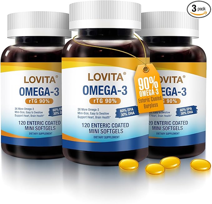 LOVITA Omega-3 Fish Oil 2000mg Supplement for Men and Women, 360 Mini Softgels, High Absorption rTG with EPA & DHA, Burpless Enteric-Coated, Non-GMO, Supports Heart Brain Eye Health, 90 Day Supply
