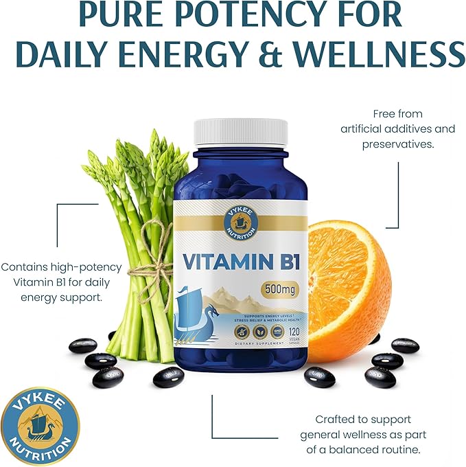 Vykee Nutrition Vitamin B1 (Thiamine) Capsules – Supports Energy Metabolism & Nervous System Health – Vegan, Non-GMO, Gluten-Free – 500 mg, 120 Count