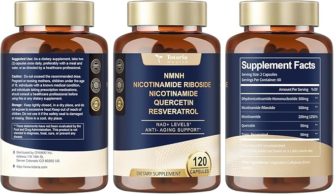 Totaria NMNH 500mg (Dihydronicotinamide Mononucleotide), Premium NMN Alternative Supplement w/Niacinamide (Vitamin B3), Quercetin, Trans-Resveratrol, for NAD+, Skin Cell, Anti-Aging & Energy, 120 Ct