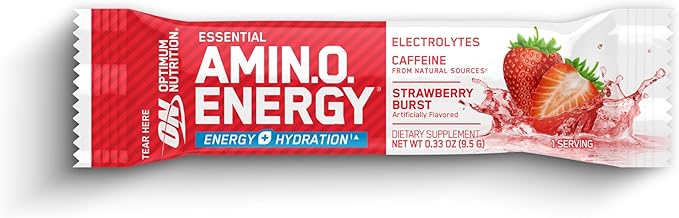 Optimum Nutrition Amino Energy Plus Hydration Packets, On-the-Go Energy Powder Stick Packs, Strawberry Burst, 25 Count