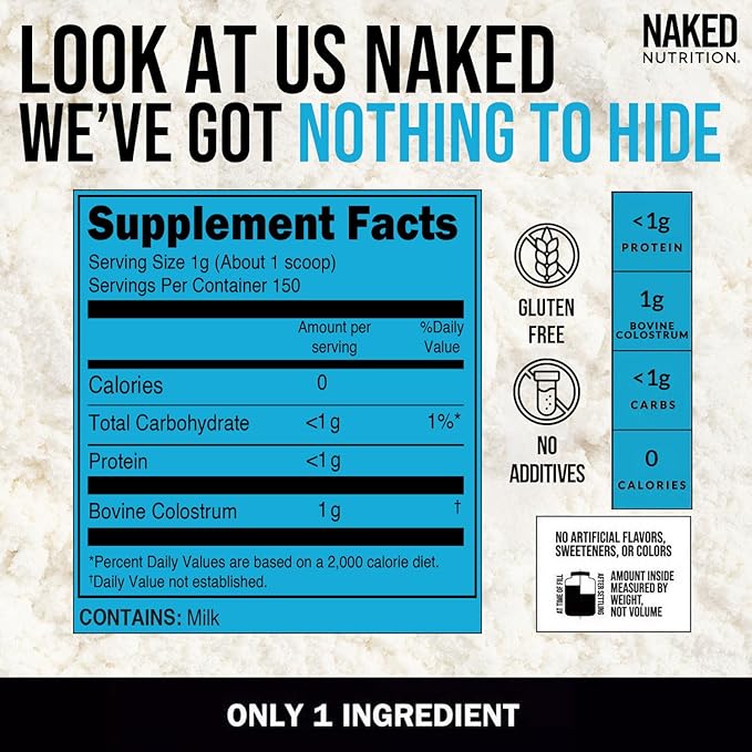 NAKED Colostrum Powder – 100% Grass-Fed Bovine Colostrum Supplement from US Farms | Tested at 20%+ IgG | Gut Health, Immunity, Recovery & Skin Support - 150 Servings