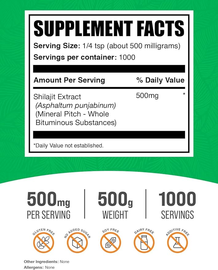 BulkSupplements.com Shilajit Extract Powder - Fulvic Acid Supplement, Shilajit Supplement - Gluten Free, 500mg per Serving of Shilajit Powder, 500g (1.1 lbs) (Pack of 1)