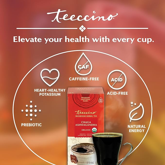 Teeccino Organic Mushroom Herbal Tea, Chaga Ashwagandha, Butterscotch Cream, Caffeine Free, 25 Tea Bags, 5.3 oz (150 g)