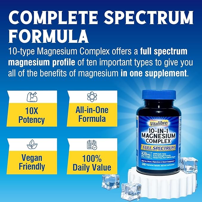 Vitalibre 10 in 1 Magnesium Complex, 420mg Elemental Magnesium | Ultra Strength, Max Absorption | Chelated Magnesium Supplement for Nerves, Bone & Heart Health | Non-GMO, 240 Vegan Capsules