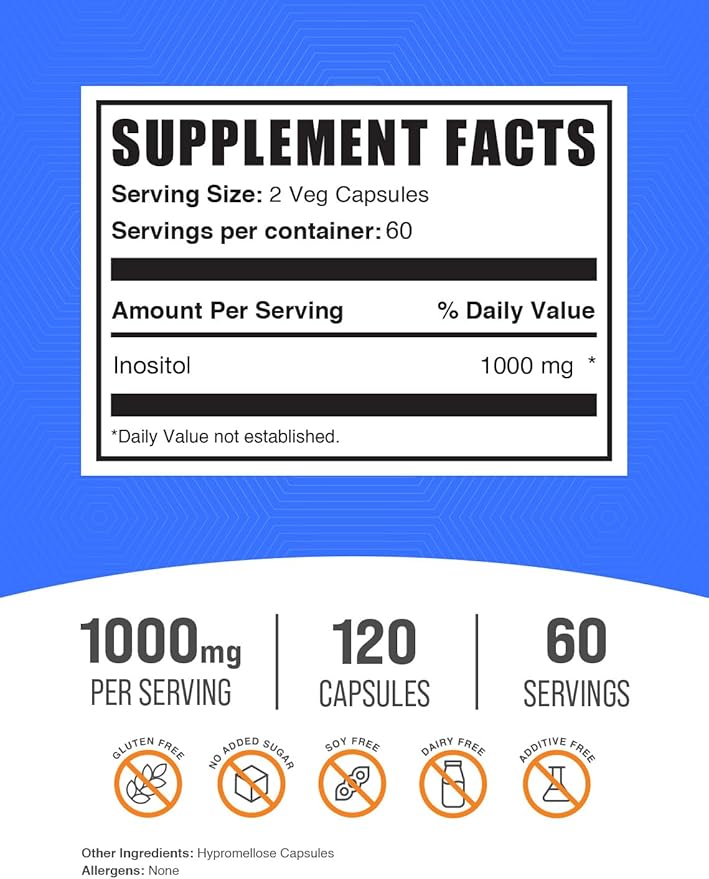 BulkSupplements.com Inositol Capsules - Vitamin B8, Inositol 1000mg for Overall Wellness - Gluten Free, 2 Capsules per Serving, 120 Count (Pack of 1)