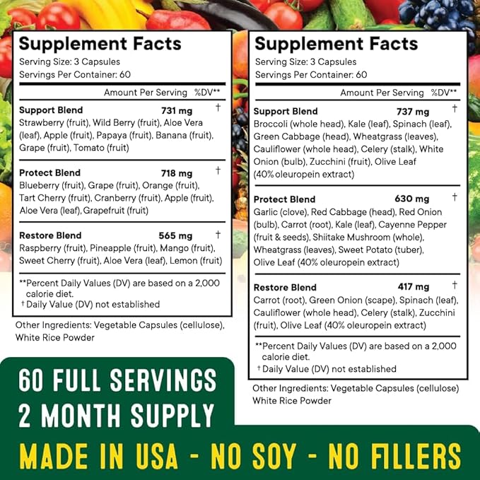Superfood Fruit and Veggie Supplement - 360 Whole Super Fruit and Vegetable Supplements & Vitamin with Beta-Carotene, Soy Free- 180 Count (Pack of 2)