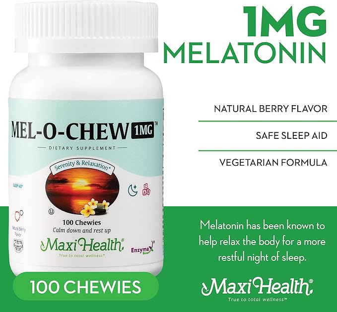 Maxi Health Melatonin 1mg Chewable - Sleep aid Melatonin to Encourage Natural Sleep – Non-Habit Forming Supplement with Enzymax for Fast-Acting Support Kosher (100 Units)