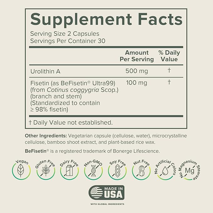 Prominent Nutrition Urolithin A + Fisetin, 30-Day Supply – Supports Vitality, Oxidative Stress, Muscle Recovery & Cellular Health – Vegan, Non-GMO, Gluten Free, 600mg Serving, 60 Capsules - 2 Pack