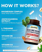 Vitalibre Magnesium Complex with Ashwagandha & L-Theanine - Stress Relief, Bone & Relaxation Support - w/Vitamin D3, B6 - Glycinate, Citrate, Malate, Taurate - 180 Vegan Capsules, Non-GMO, Gluten free