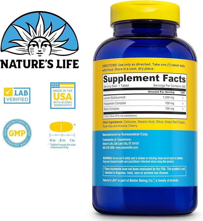 Nature's Life Lemon Bioflavonoids 1000mg - Citrus Bioflavonoids Supplement with Hesperidin and Rutin - Antioxidant and Cellular Support, Vitamin C Absorption - 60 Day Guarantee, 250 Serv, 250 Tablets