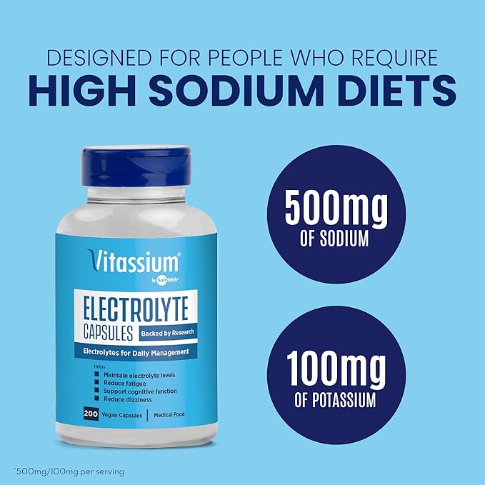 Vitassium Electrolyte Capsules, Electrolytes for The Management of POTS and High Sodium Diets (500mg Sodium - 100mg Potassium), Unflavored, 200 Salt Pills (Size 0)