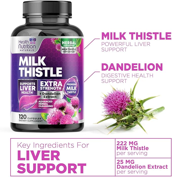 Milk Thistle Supplement - Liver Health Support with Dandelion Root & Silymarin Marianum, Liver Cleanse Detox & Repair - Nature's Milk Thistle Extract - 120 Capsules