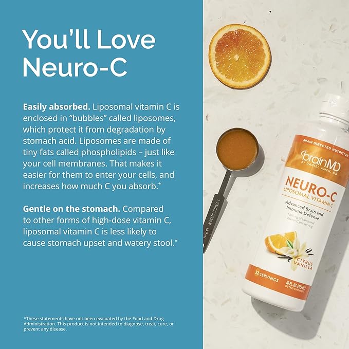 BRAINMD Dr Amen Neuro-C, Citrus Vanilla - 16 fl oz - 1000 mg Liposomal Vitamin C - Advanced Brain & Immune Defense - Gluten Free - 32 Servings
