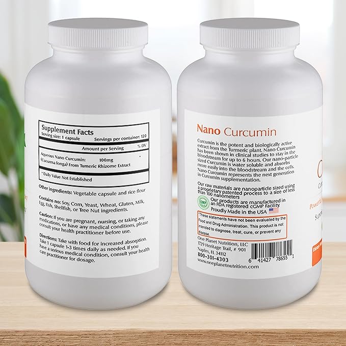 One Planet Nutrition Nano Curcumin 100 mg Capsules (120 Count), Turmeric Extract, Nano for High Absorption, Supports Overall Health, Non-GMO, Vegan, Gluten-Free