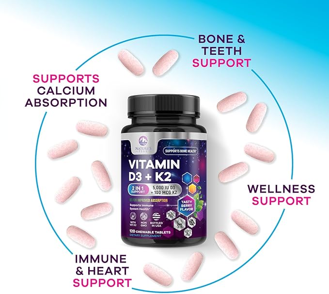 Vitamin D3 K2 - 5000 iu Vitamin D3 & 100 mcg Vitamin K2 (MK-7) per Serving - Calcium Absorption, Bone & Heart Health Support - Berry Chewable, Gluten Free, Non-GMO, Bottled in USA - 120 Tablets