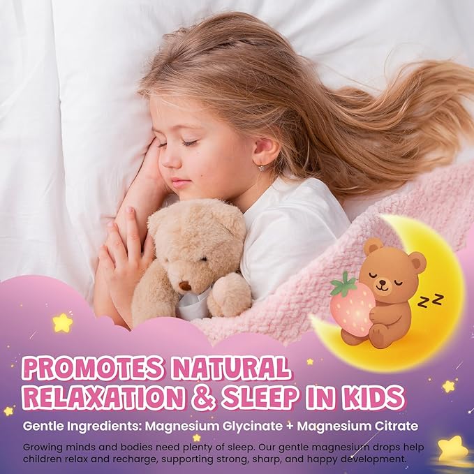 Kids Magnesium Liquid Drops - Magnesium Glycinate Drops for Kids, Citrate Liquid with Calcium, Omega-3, L-theanine, Zinc, Vitamin B6 D3 C for Sleep, Relaxation, Calm & Focus, Strawberry Flavor,4 Fl Oz