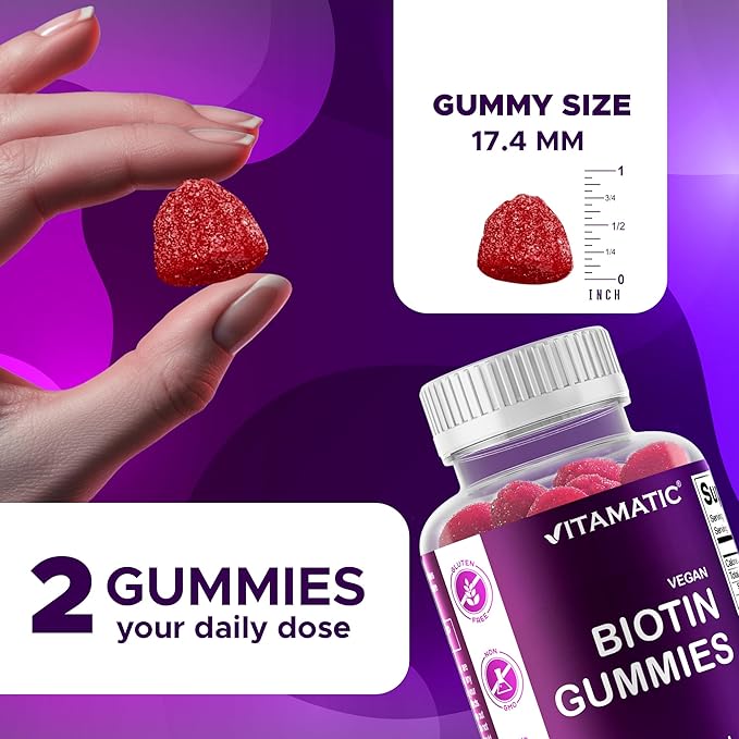 Vitamatic Biotin Gummies 10,000 mcg for Stronger Hair, Skin & Nails - 60 Vegan Gummies - Also Called Vitamin B7 (6 Bottles)