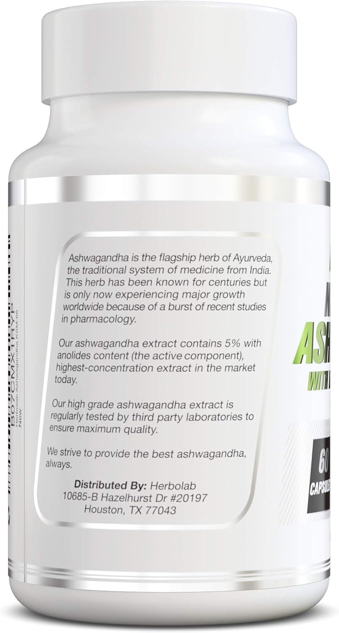 herbolab Ashwagandha KSM 66 15:1 with Black Pepper Extract (Higher Absorption) Max Potency Full Spectrum 5+% Withanolides