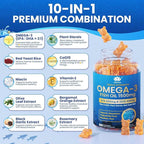 Fish Oil Omega 3 Gummies 1500mg for Adults - Triple Strength with EPA & DHA, COQ10, Red Yeast Rice - Wild Caught Omega 3 Fatty Acids Supplements for Hḙar-t & Brain - Sugar Free, Burpless, 60 Count