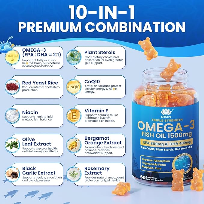 Fish Oil Omega 3 Gummies 1500mg for Adults - Triple Strength with EPA & DHA, COQ10, Red Yeast Rice - Wild Caught Omega 3 Fatty Acids Supplements for Hḙar-t & Brain - Sugar Free, Burpless, 60 Count