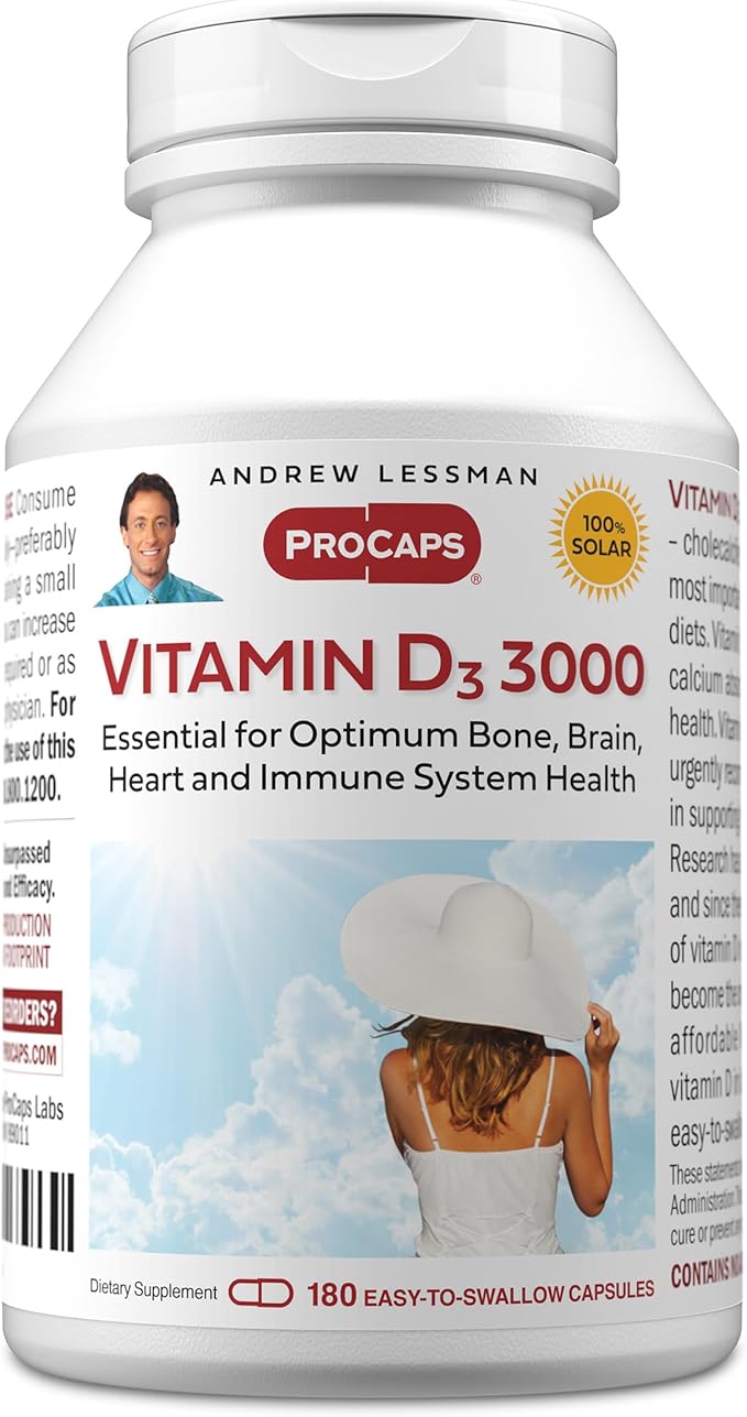 ANDREW LESSMAN Vitamin D3 3000 IU 180 Capsules - High Potency, Essential for Calcium Absorption, Supports Bone Health, Healthy Muscle Function, Immune System, More. Small Easy to Swallow Capsules