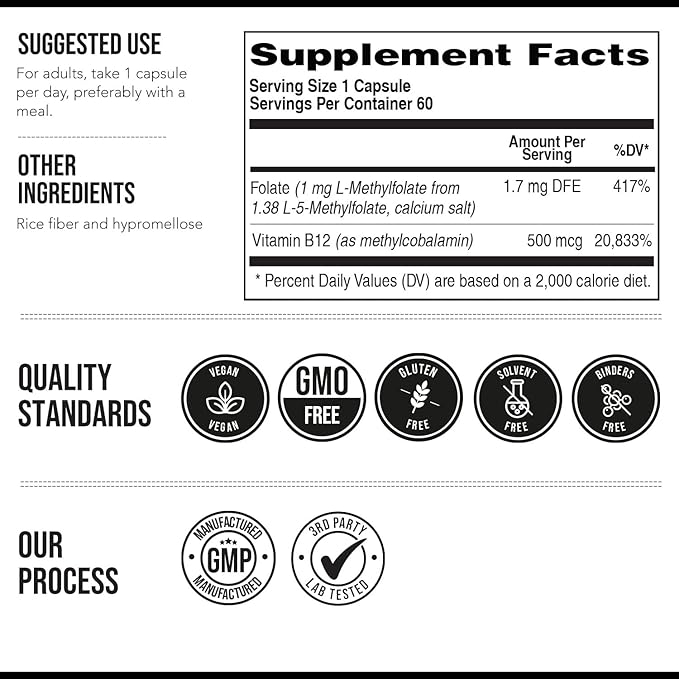 L Methyl Folate 1000 mcg Plus Methyl B12 Cofactor – Active 5-MTHF Form - Supports Mood, Methylation, Cognition – Highly Bioavailable Bioactive Forms of Vitamin B9 & B12 (60 Capsules – 60 Servings)