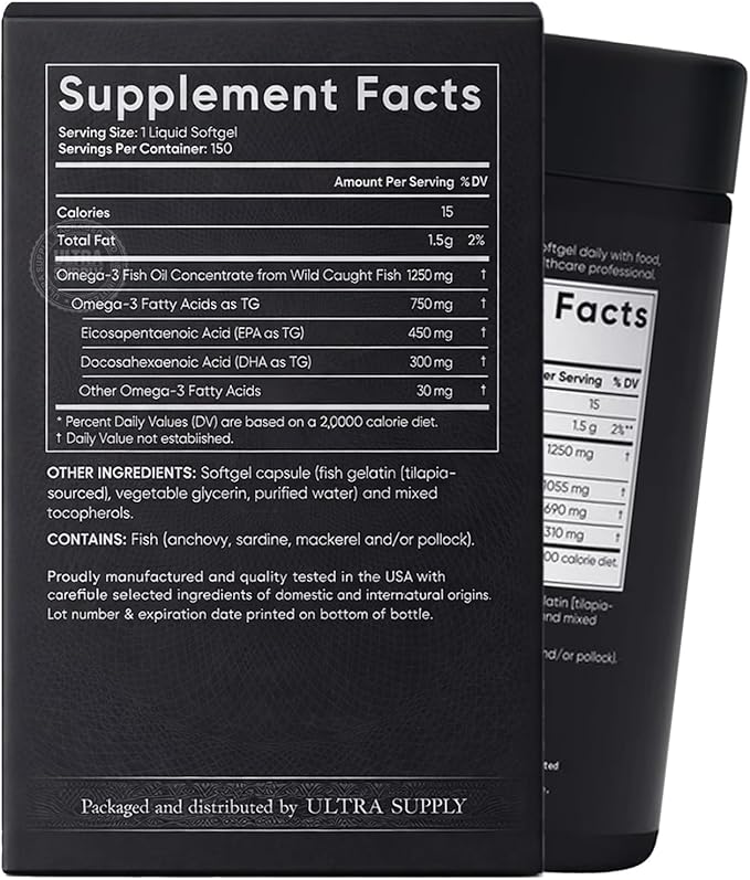 Sports Fish Oil, Triple Strength, (150 Count) Burp-Less Formula, 1250 mg Fish Oil, 1055mg Omega 3