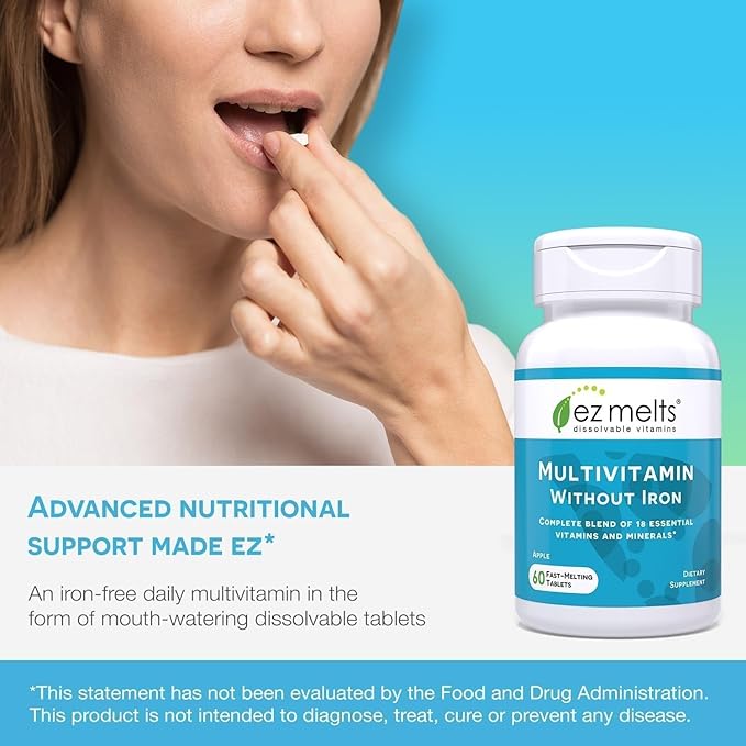 EZ Melts Multivitamin Without Iron - Daily Supplement with 18 Vitamins & Minerals - Contains Vitamin C, Folate, Biotin & More - Non-GMO & Vegan - Apple - 120 Dissolvable Tablets (60 Servings)