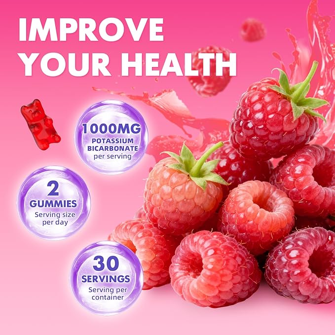 Potassium Gummies 1000mg, Potassium Bicarbonate Supplement for Adults & Kids, Support Electrolyte Balance & Muscle Heath, Sugar-Free, Raspberry Flavor, 60 Count