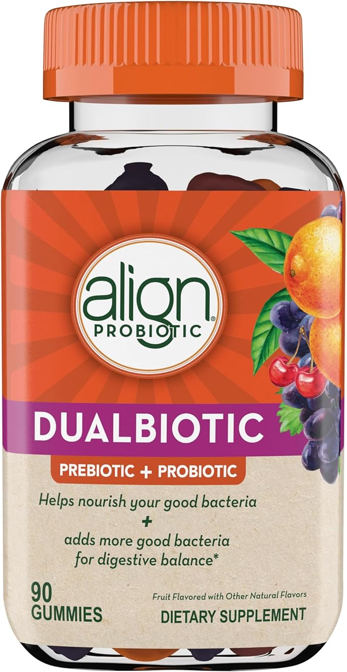 Align Dualbiotic, Prebiotics and Probiotics for Women and Men, Probiotics for Digestive Health, Prebiotics Help Nourish Good Bacteria, Natural Fruit Flavors, 90 Probiotic Gummies (Packaging May Vary)