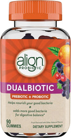 Align Dualbiotic, Prebiotics and Probiotics for Women and Men, Probiotics for Digestive Health, Prebiotics Help Nourish Good Bacteria, Natural Fruit Flavors, 90 Probiotic Gummies,(Pack of 2)
