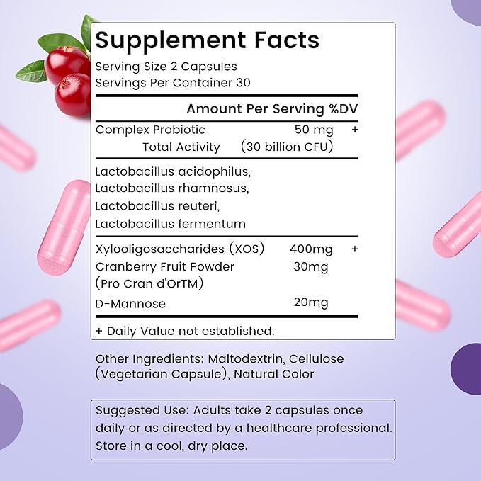 UniVitaSion Vaginal Probiotics for Women pH Balance, Lactobacillus Prebiotic Complex, Cranberry Extract, D-Mannose for Protect Vaginal Health Flora, Vaginal Odor Control - 30 Billion CFU, 60 Capsules