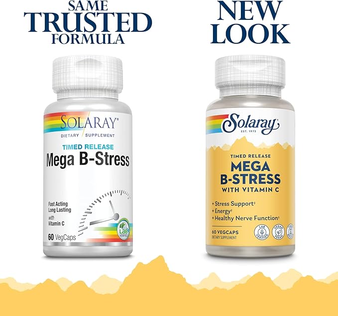 SOLARAY Mega Vitamin B-Stress, Timed-Release Vitamin B Complex with 1000 mg of Vitamin C for Stress, Energy, Red Blood Cell & Immune Support, 60 Day Guarantee, Vegan, 20 Servings, 60 VegCaps