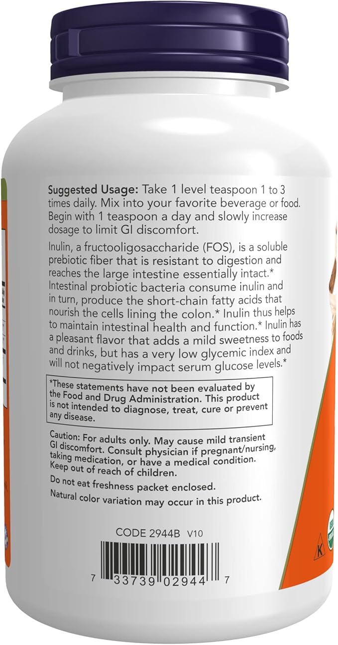 NOW Foods Supplements, Inulin Prebiotic Pure Powder, Certified Organic, Non-GMO Project Verified, Intestinal Support*, 8-Ounce (Pack of 2)